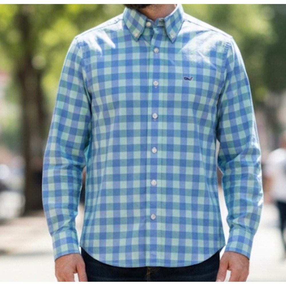 Vineyard Vines Slim Fit Whale Shirt Mens Small Blue Green Gingham Button Down - Picture 7 of 7